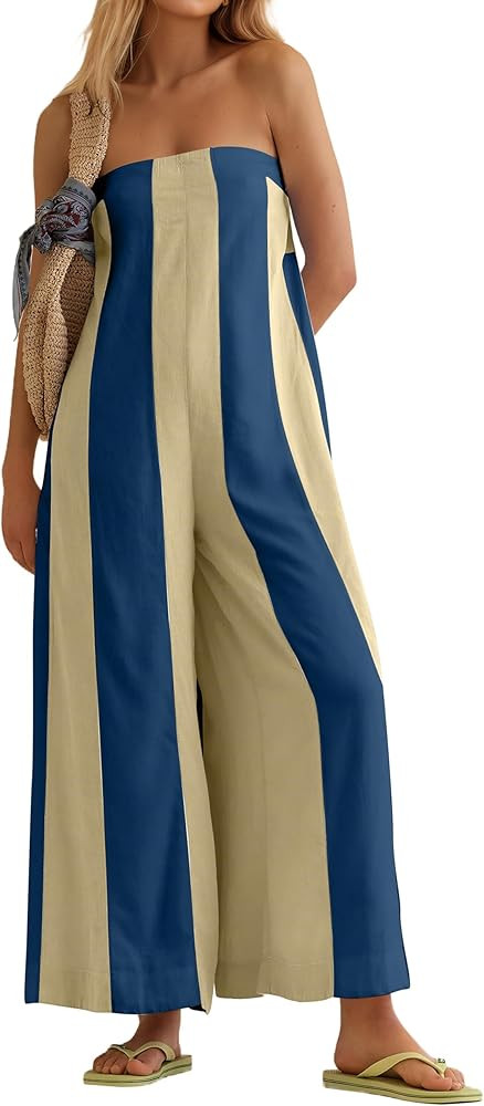 Ythomm Womens Striped Wide Leg Jumpsuits Boho Strapless Long Romper Off Shoulder Summer Jumpsuits... | Amazon (US)