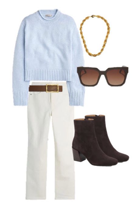 Casual winter outfit! 
.
White jeans brown booties brown sunglasses candy necklaces cable twist hoop earrings light blue sweater 

#LTKfindsunder100 #LTKfindsunder50 #LTKstyletip