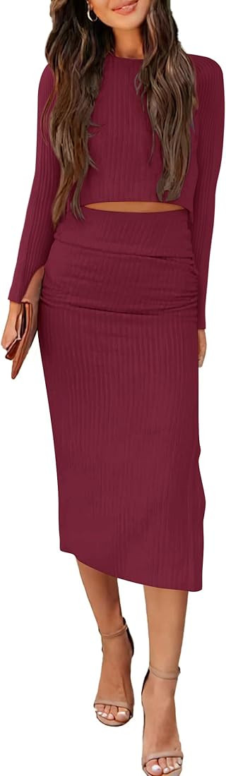 Womens 2023 Fall 2 Piece Outfits Track Suits Long Sleeve Crop Tops Bodycon Midi Skirt Slit Dress ... | Amazon (US)