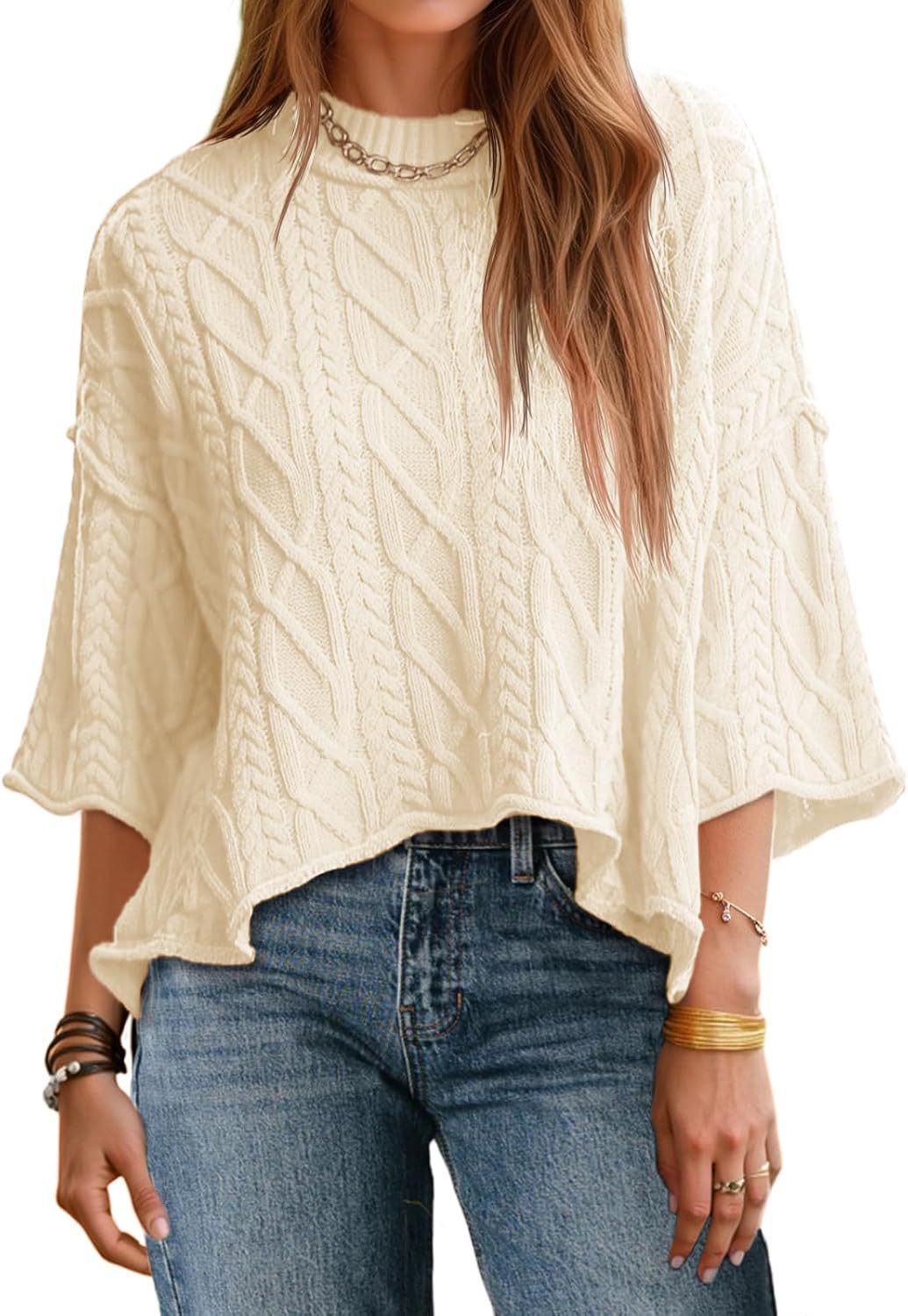 Saodimallsu Womens Cable Knit Cropped Sweaters Oversize 3/4 Sleeve Pullover | Amazon (US)