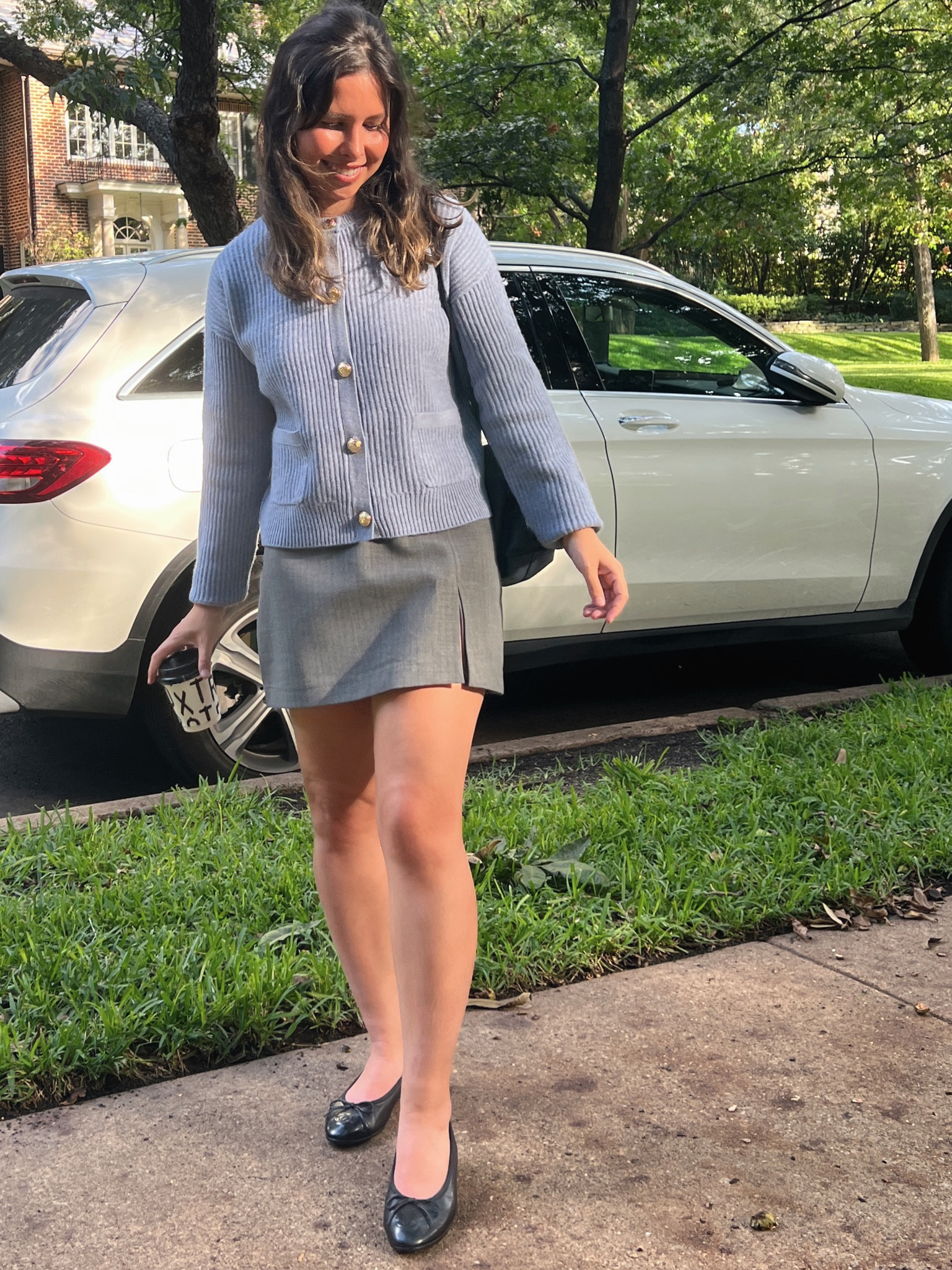 Fall outfit, cardigan outfit, Zara, grey skirt, gray skort, Zara skirt, Chanel flats, ballerina flats, Massimo Dutti, blue cardigan, classic fall, preppy fall, 30 something, petite 

#LTKstyletip #LTKshoecrush #LTKfindsunder100