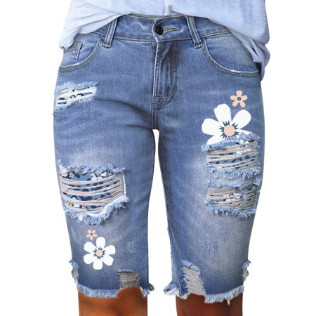 Blibea Womens Bermuda Jean Shorts Plus Size Mid Rise Distressed Ripped Leopard Print Bermuda Denim S | Walmart (US)