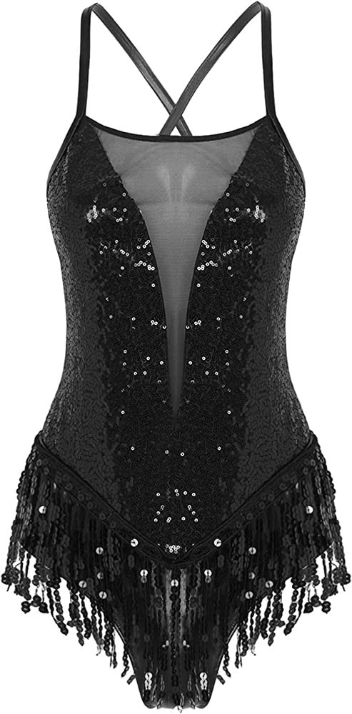 JEEYJOO Women Sparkling Sequins Fringed Leotard Tassel Latin Dance Dress Samba Ballroom Costumes | Amazon (US)