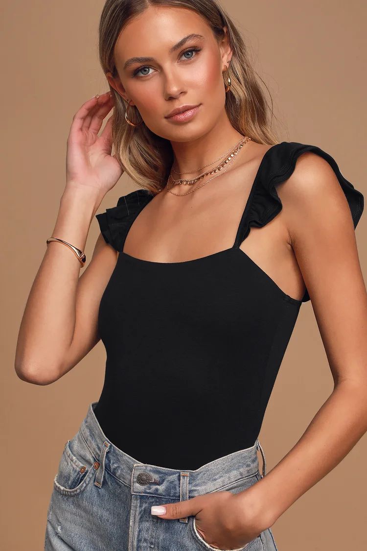 Repeat After Me Black Sleeveless Ruffled Bodysuit | Lulus (US)