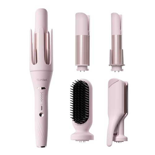 5 in 1 Auto Curling Iron Set with Interchangeable Barrels - 1", 1.25", 1.5" Curling Wand, Hair Crimper & Straightening Brush, Rotating Ceramic Curler, 3 Temp, Dual Voltage, Anti-Scald, Pink | Amazon (US)