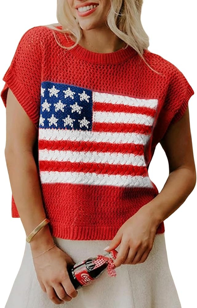KevaMolly Womens 2026 American Flag Knit Vest Short Sleeve Flag Graphic Sweater 4th of July Flag ... | Amazon (US)