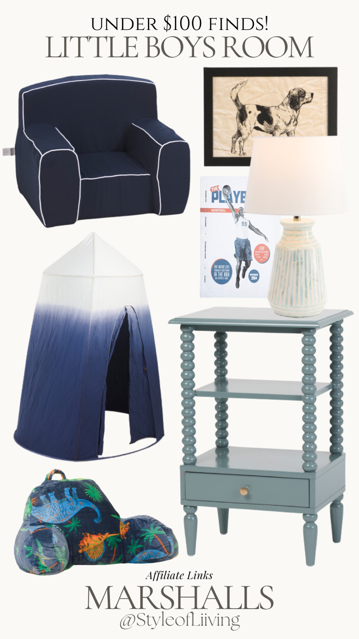 Little boys bedroom from Marshalls! Under $100 furniture and home decor. Nightstand, table lamp, pop up tent, pillows, kid lounge chairs, sports framed wall art, dog sketch, dinosaurs, blue bedroom. #ltkunder100

#LTKHome #LTKFamily #LTKKids