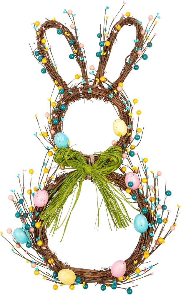27 Inch Artificial Easter Wreath for Front Door Rabbit Wreath with Pastel Eggs and Mixed Twigs Sp... | Amazon (US)