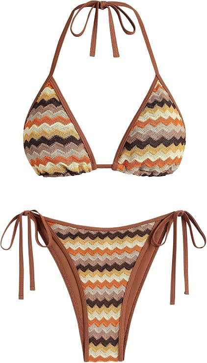 ZAFUL Women's Colorblock Stripes Triangle Halter Tied Cheeky Thong Bikini Set High Cut Two Piece ... | Amazon (US)