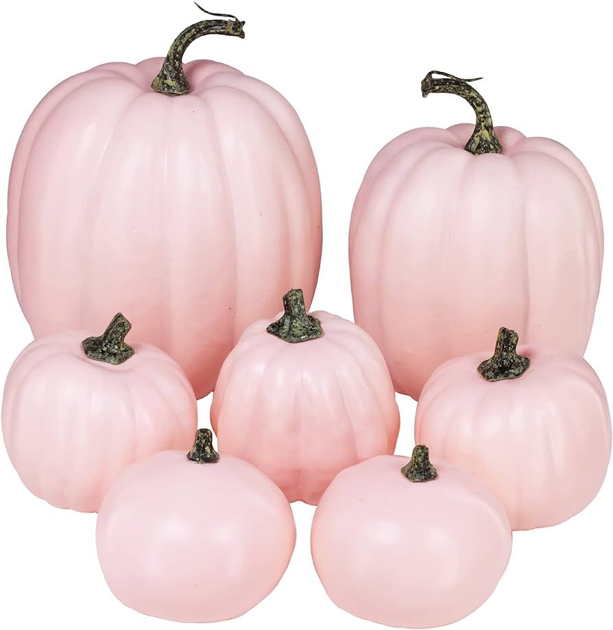 Winlyn 7 Pcs Assorted Sizes Fall Artificial Light Pink Pumpkins Harvest Pumpkins Faux Foam Pale Pink | Amazon (US)