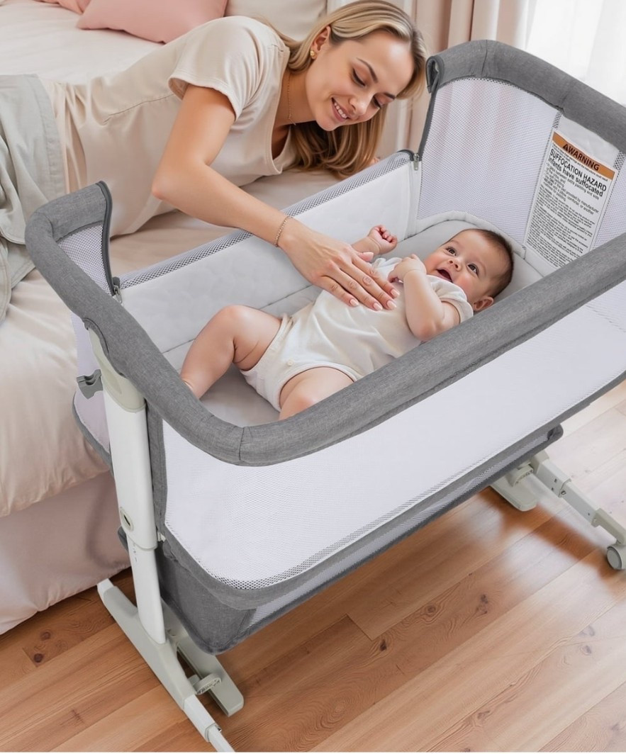 Bedside bassinet with wheels , adjustable height and lock wheels 

#LTKBaby #LTKmomlife