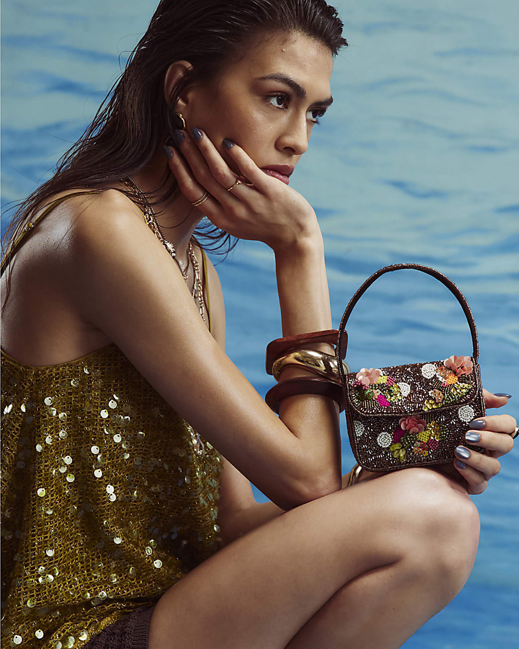 Brown Beaded Mini Crossbody Bag | River Island UK & IE