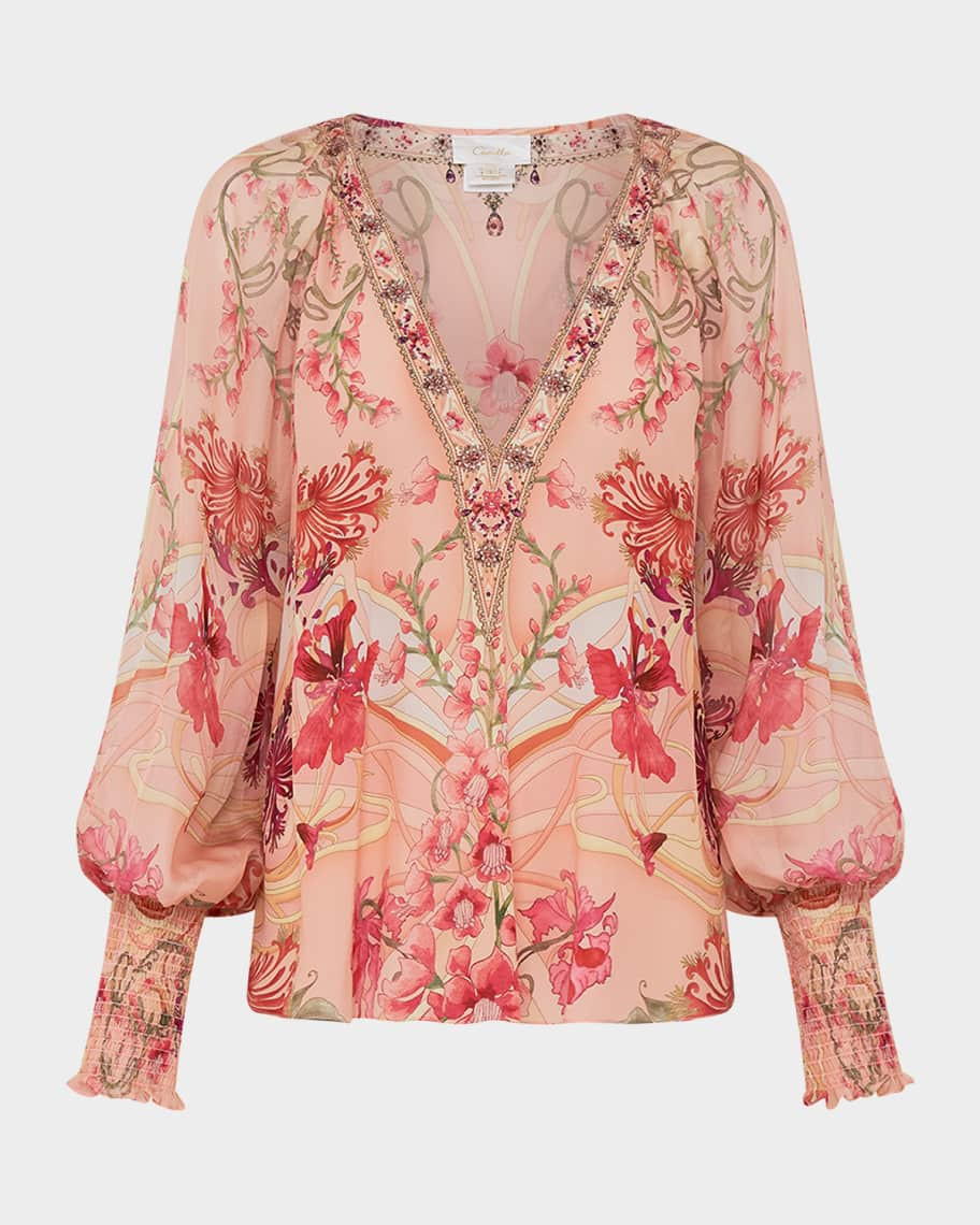 Camilla Shirred-Cuff Floral Silk Blouse | Neiman Marcus