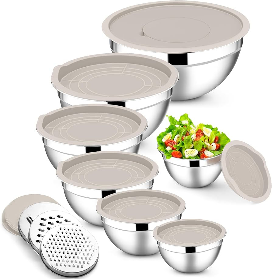 E-far Mixing Bowls with Lids Set, 7-Piece Stainless Steel Metal Mixing Bowls with Grater Attachme... | Amazon (US)