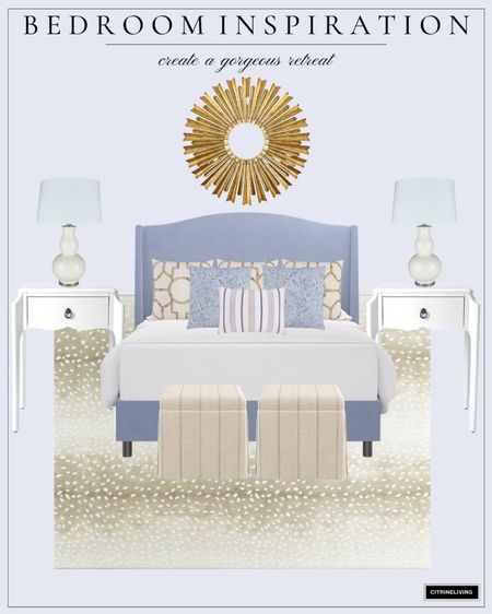 Classic bedroom decor in blue and neutrals
Upholstered bed, nightstands, gourd lamps, starburst mirror, sunburst mirror, antelope rug, skirted ottoman, throw pillows 
Home decor, bedroom decor

#LTKhome #LTKstyletip #LTKFind