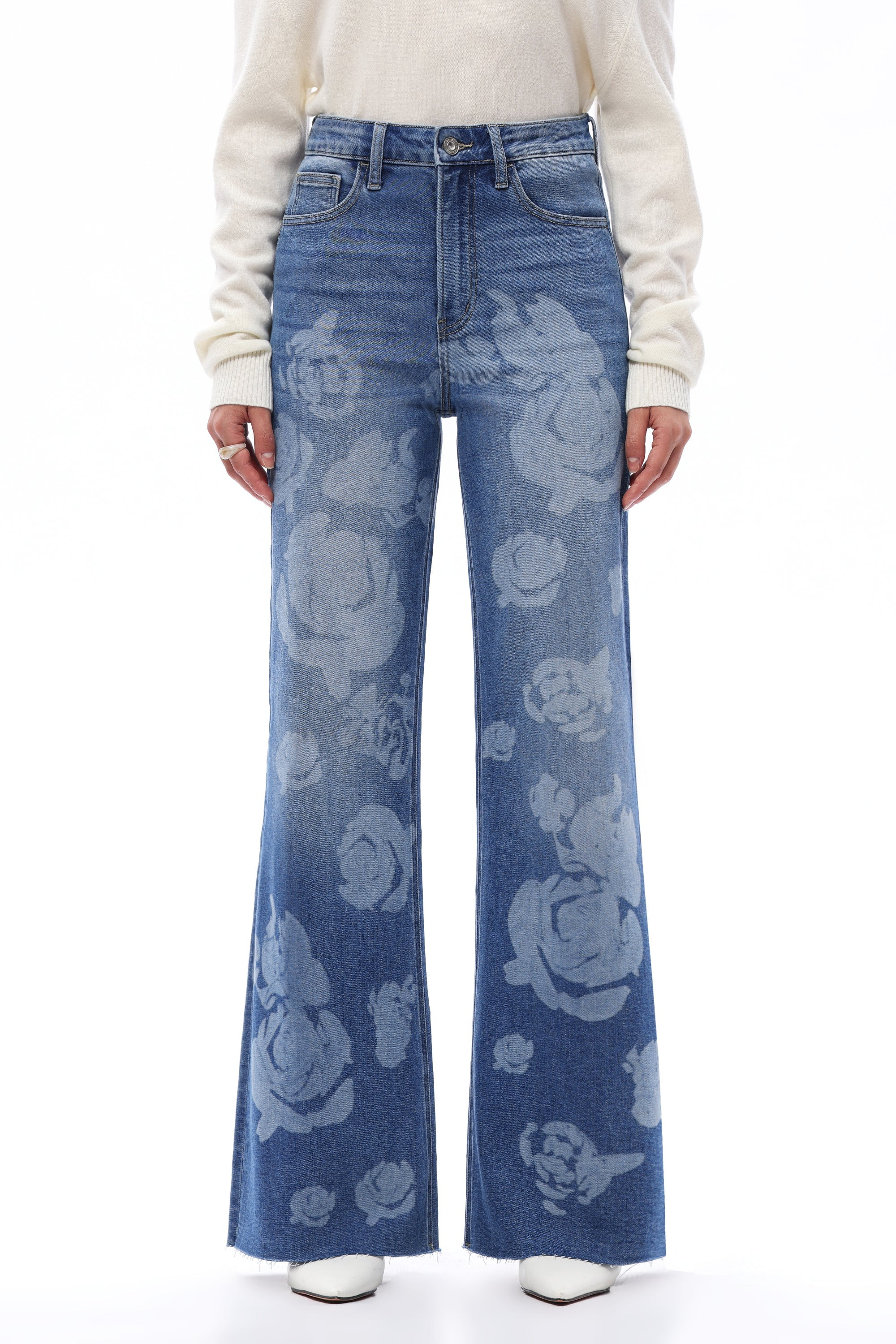 ONESO Super High Rise Wide Leg Denim Jeans Floral Print Jeans for Women Floral Print Stretchy Wid... | Walmart (US)