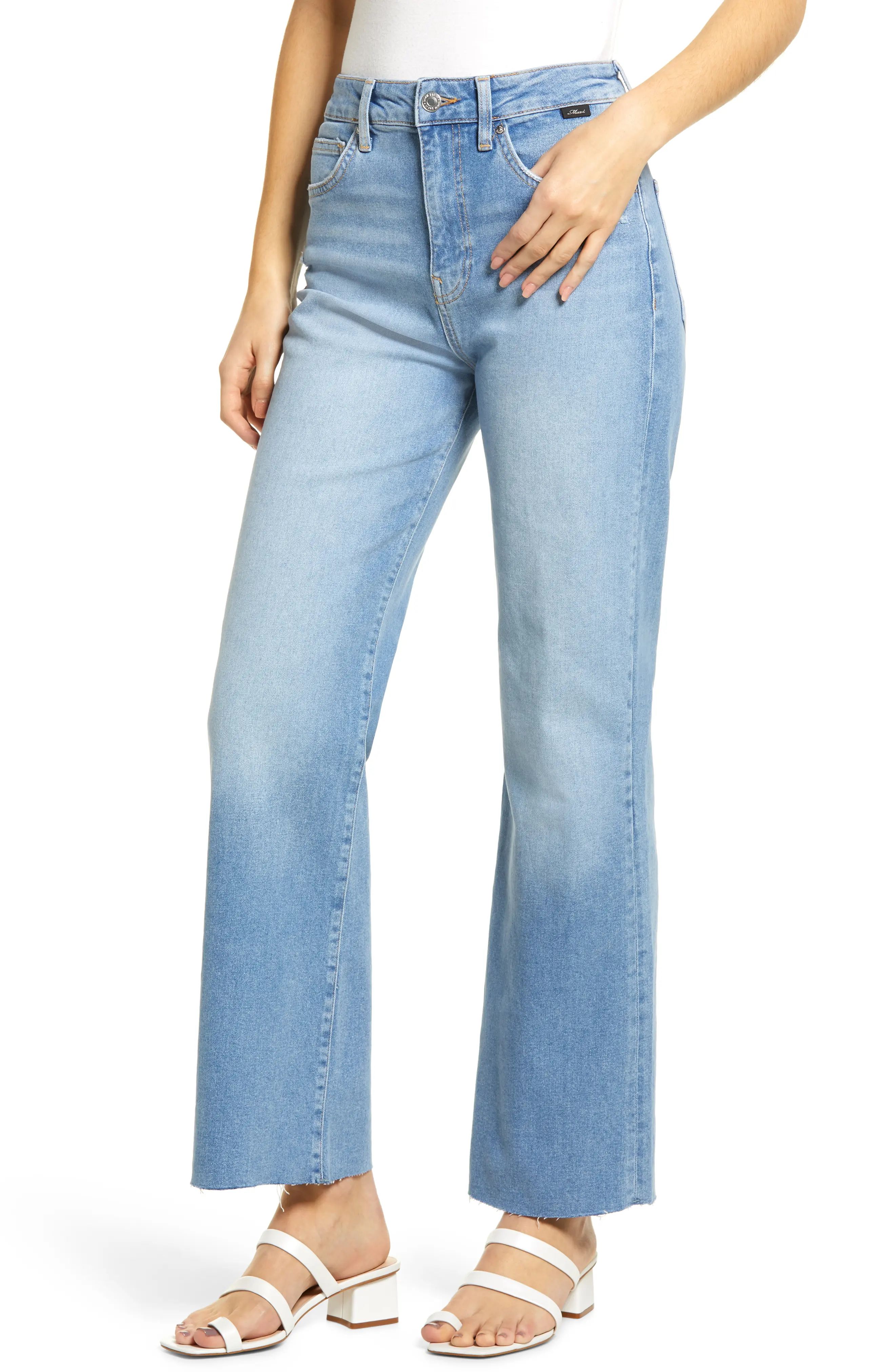 Women's Mavi Victoria High Waist Distressed Raw Hem Wide Leg Jeans, Size 27 x 32 - Blue | Nordstrom