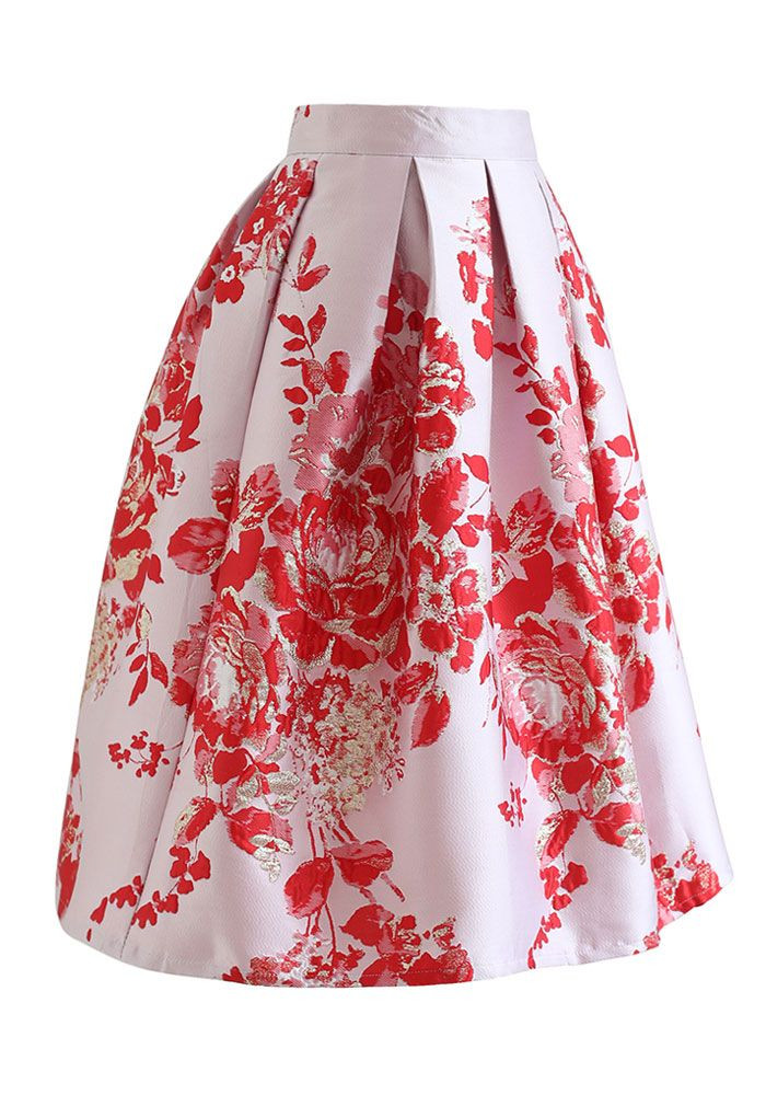 Ebullient Peony Jacquard Pleated Midi Skirt | Chicwish