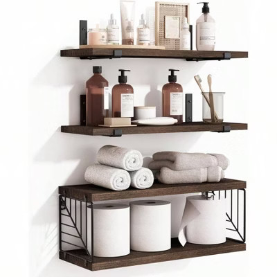 3+1 Tier Bathroom Floating Shelves Over Toilet 15.8in Farmhouse Rustic Wood Shelves Wall Decor for Bathroom Living Room Brown standard | Target