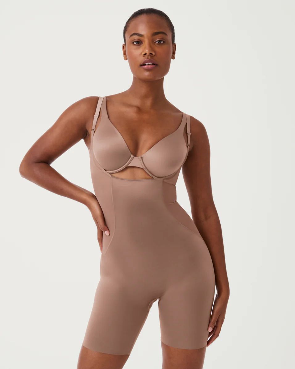 Satin Shaping Mesh Open-Bust Mid-Thigh Bodysuit | Spanx