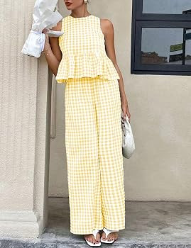 Womens 2 Piece Outfits Sets Gingham Plaid Sleeveless Ruffle Tank Tops and Wide Leg Pants Summer M... | Amazon (US)