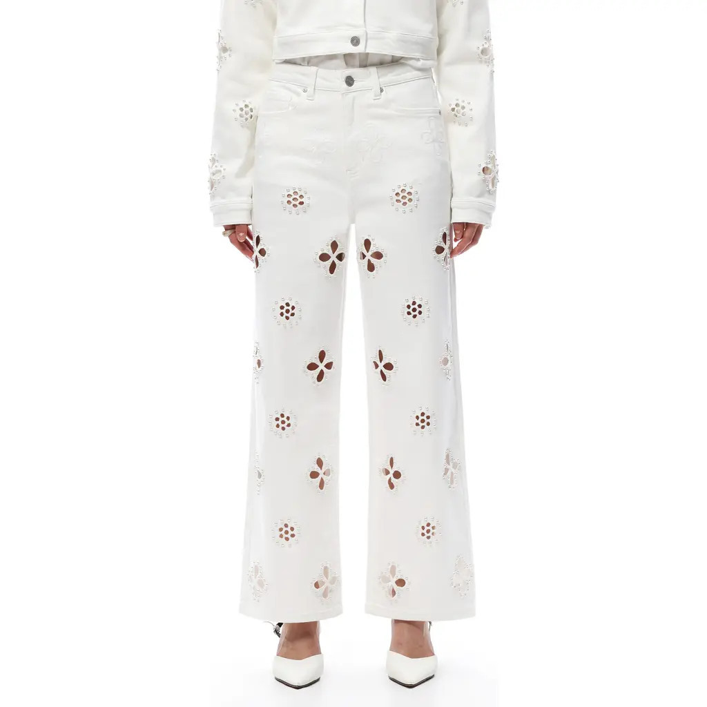 Bayeas Studded Eyelet High Waist Straight Leg Jeans in White at Nordstrom, Size 25 | Nordstrom