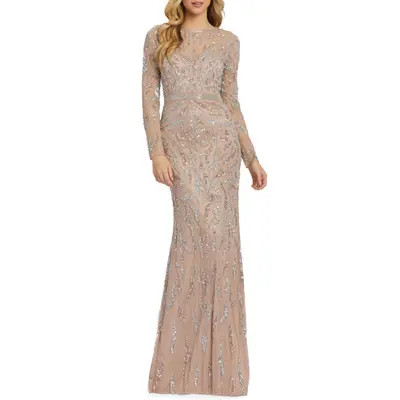 Mac Duggal Beaded Long Sleeve Evening Gown in Platinum Gold at Nordstrom, Size 10 | Nordstrom