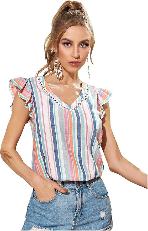Floerns Women's Floral Embroidered V Neck Ruffle Cap Sleeve Peplum Blouse Top | Amazon (US)