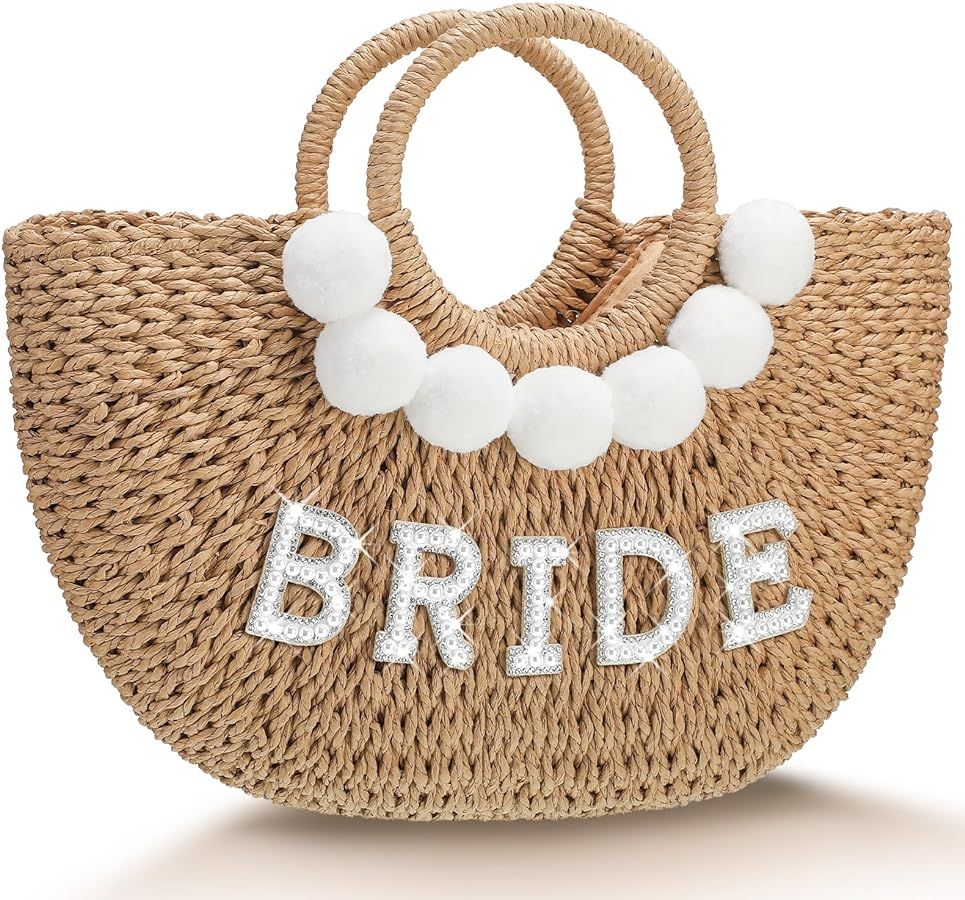 Pinkunn Bride Beach Bag Handwoven Straw Rhinestone Pearl Letters Handle Purse Bachelorette Weddin... | Amazon (US)