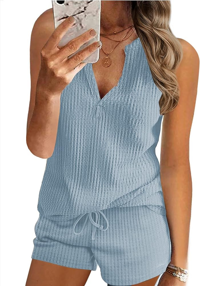 Ekouaer Women 2 Piece Sets Waffle Knit Tank Top Lounge Short Sets Casual Summer Matching Outfits ... | Amazon (US)