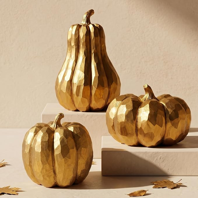 Gold Pumpkin Decor, 3Pcs Resin Pumpkin Figurines Fall Decoration for Home | Small Decorative Pump... | Amazon (US)