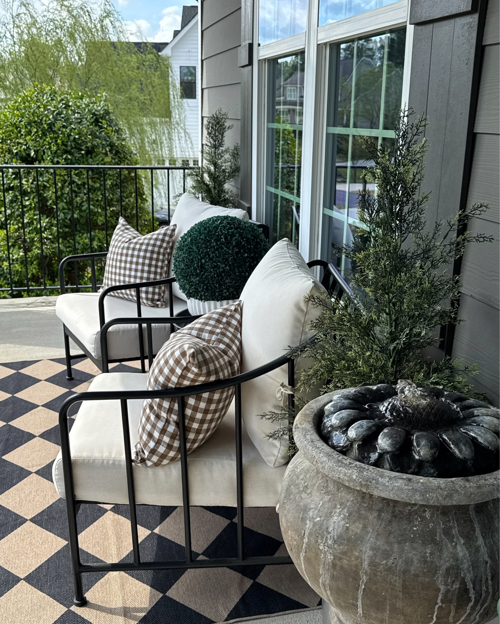 My new outdoor rug for this spring and summer!! Loving the diamond print. The size is 5’x7’. My outdoor pillow covers are 18”x18”. Unfortunately I cannot link my fountain but it’s my Henri Designs.

Outdoor area rug, outdoor pillow covers, pillow inserts, outdoor furniture, cedar trees, boxwood topiary balls

#LTKstorytime #LTKSeasonal #LTKHome