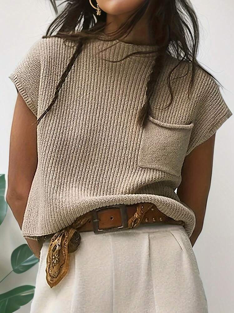 Calvaya Women Solid Color Batwing Sleeve Patchwork Pocket Knit Top | SHEIN