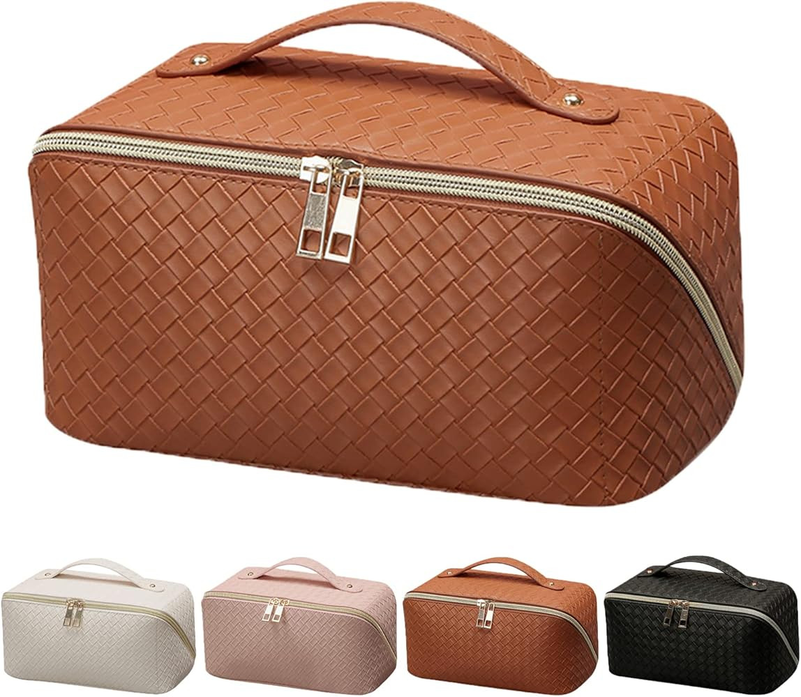 Travel Makeup Bag Checkered Cosmetic Bag Large Opening Portable Makeup Bag Opens Flat for Easy Ac... | Amazon (US)