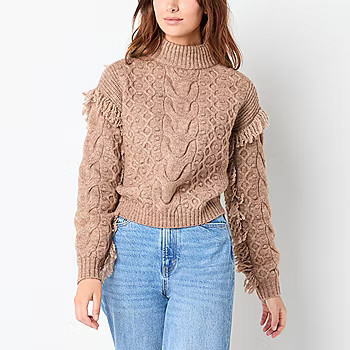 a.n.a Womens Mock Neck Long Sleeve Cable Knit Fringe Pullover Sweater | JCPenney