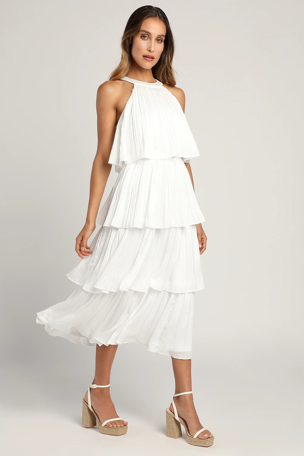 Tier and Far White Tiered Pleated Halter Midi Dress | Lulus