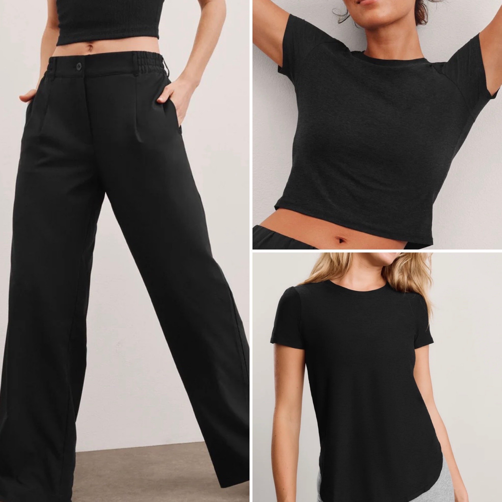 Beyond Yoga static trouser pants, feather weight cropped tee, feather weight on the down low tee