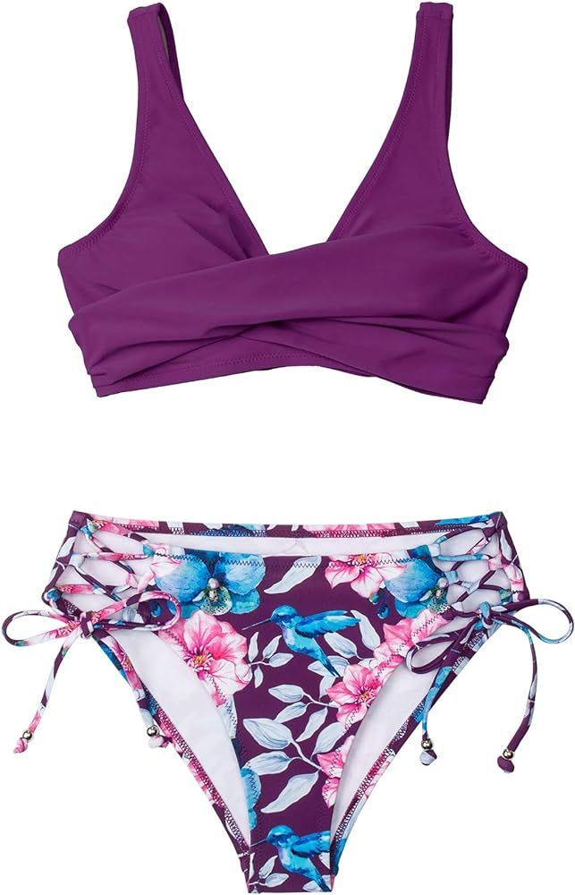 Women's Bikini Swimsuit Floral Print Lace Up Two Piece Bathing Suit | Amazon (US)