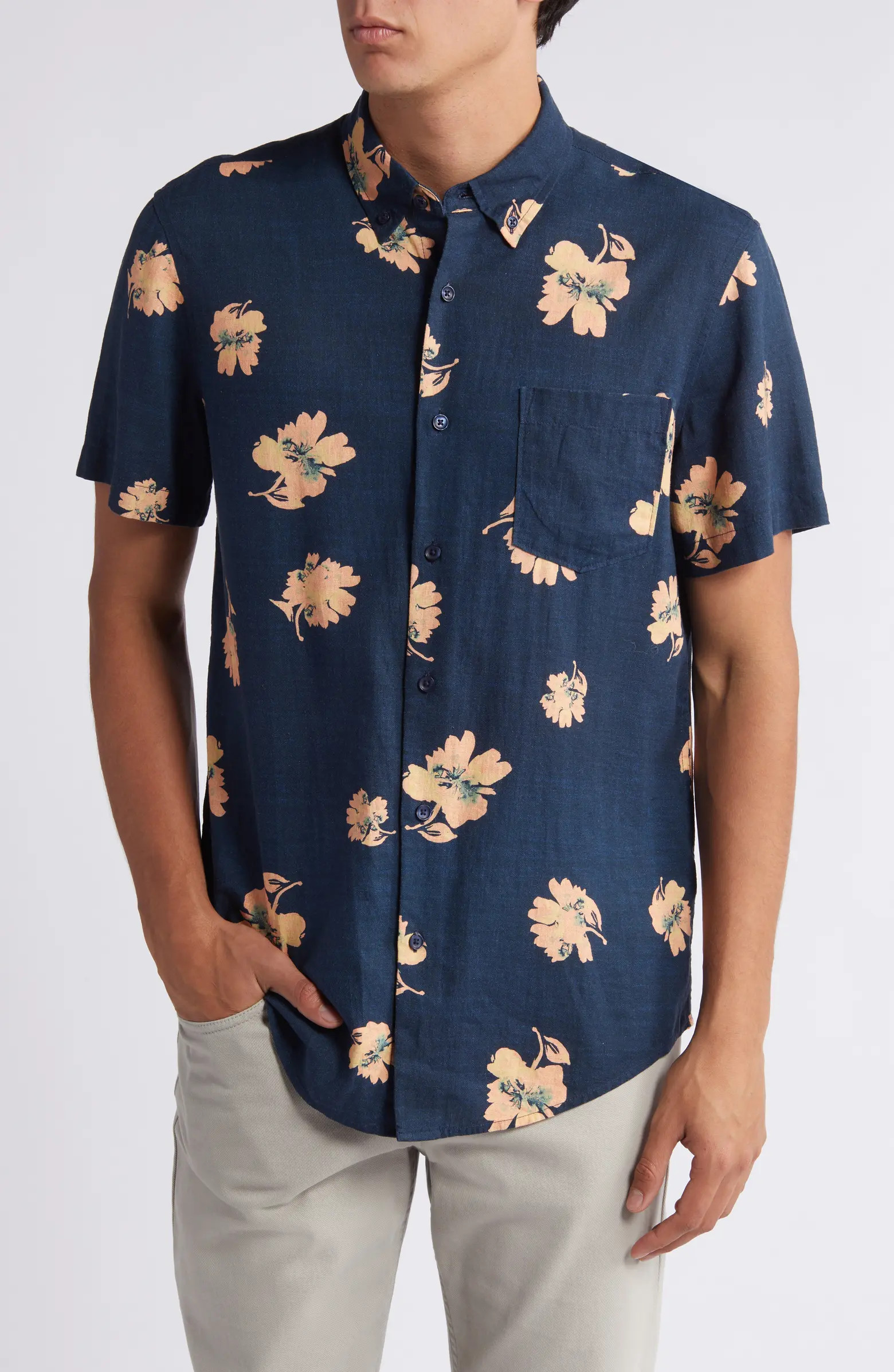 Trim Fit Floral Short Sleeve Linen Blend Button-Down Shirt | Nordstrom