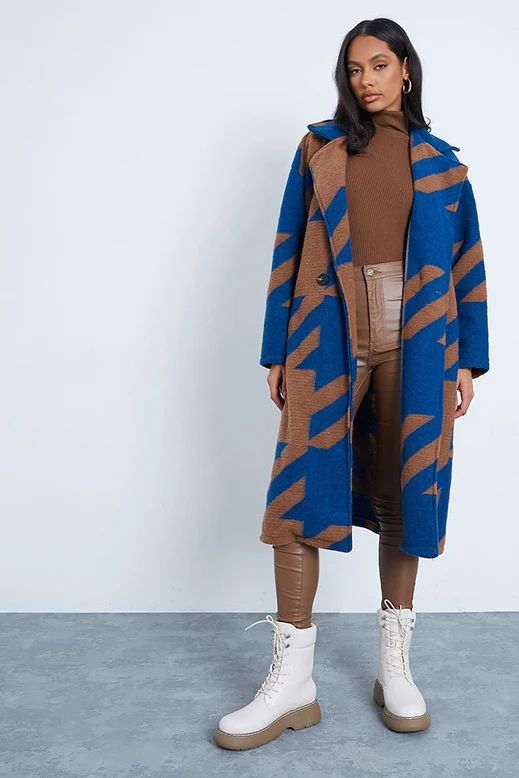 Cobalt Blue Dogtooth Wool Long Formal Jacket | ISAWITFIRST UK