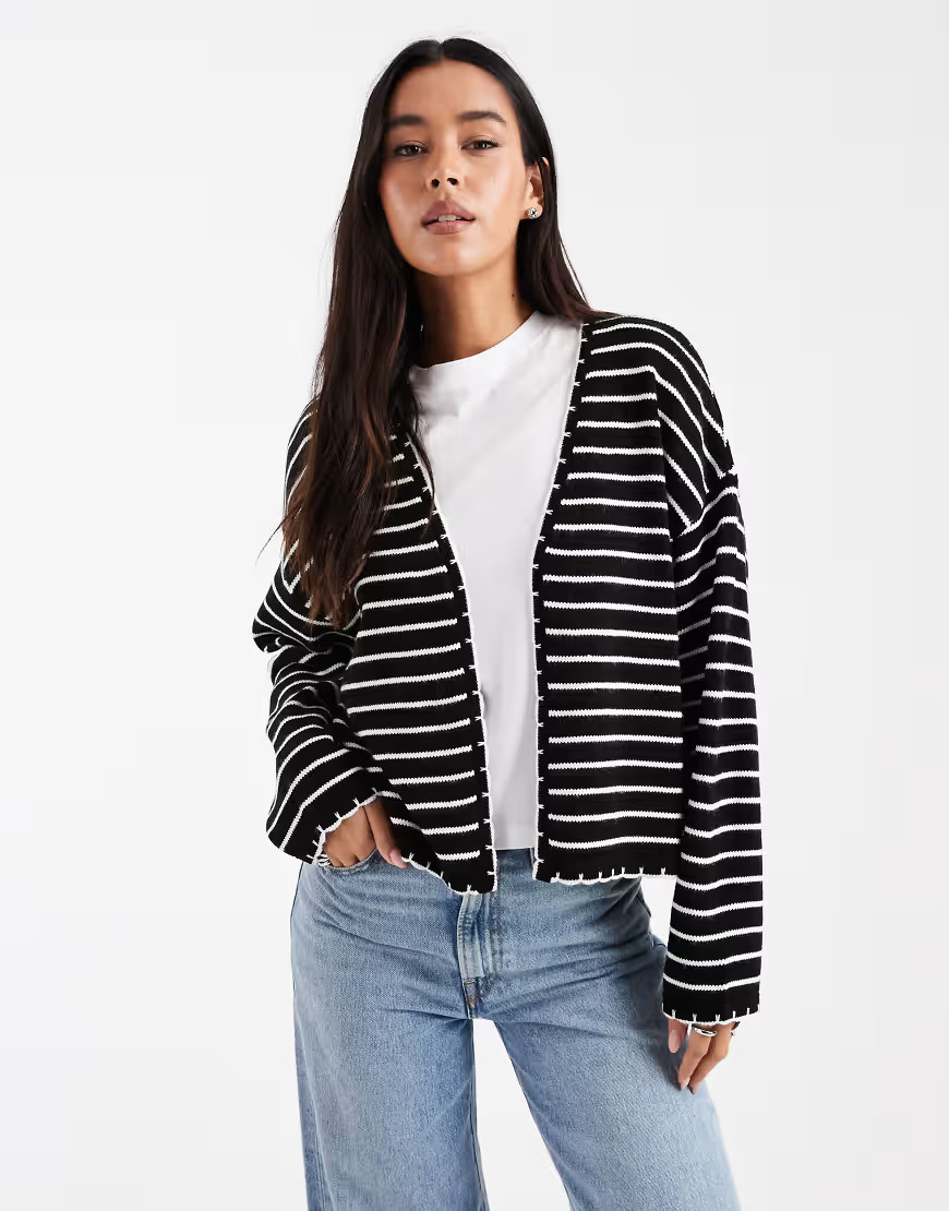 Miss Selfridge blanket stitch cardigan in black and white stripes | ASOS (Global)