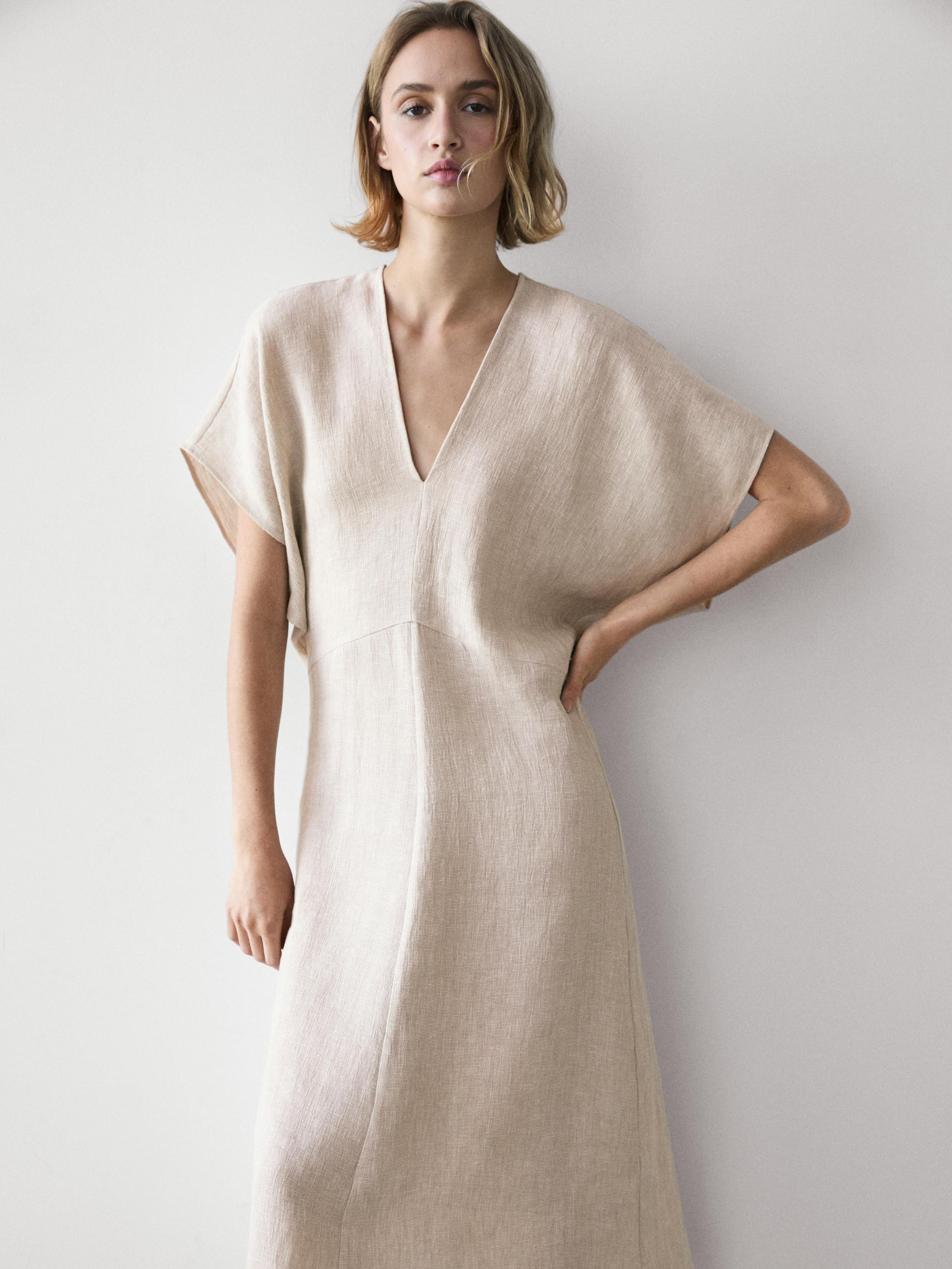 Lightweight short sleeve linen midi dress | Massimo Dutti UK