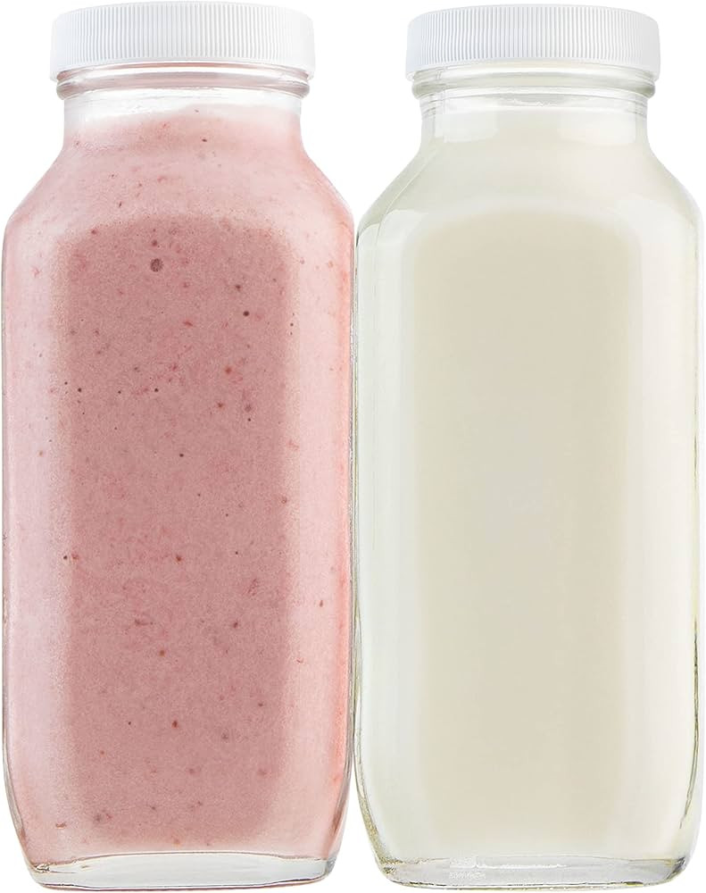 16oz Square Glass Milk Bottles with Plastic Airtight Lids -Vintage Reusable Dairy Drinking Jars C... | Amazon (US)