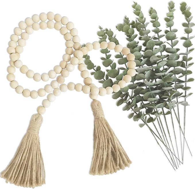 Farmhouse Beads 59in Wooden Bead Garland - 10 Pcs Artificial Eucalyptus Stem Grasses for Wedding ... | Amazon (US)