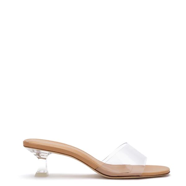 Vivi Lucite Mule In Tan Leather and Vinyl | Larroude