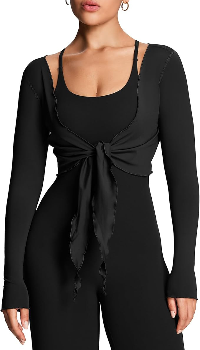 Aoxjox Women's Athlenza Ruffle Wrap Tie Front Tops Long Sleeve Shrug Crop Top Ballet Yoga Workout... | Amazon (US)