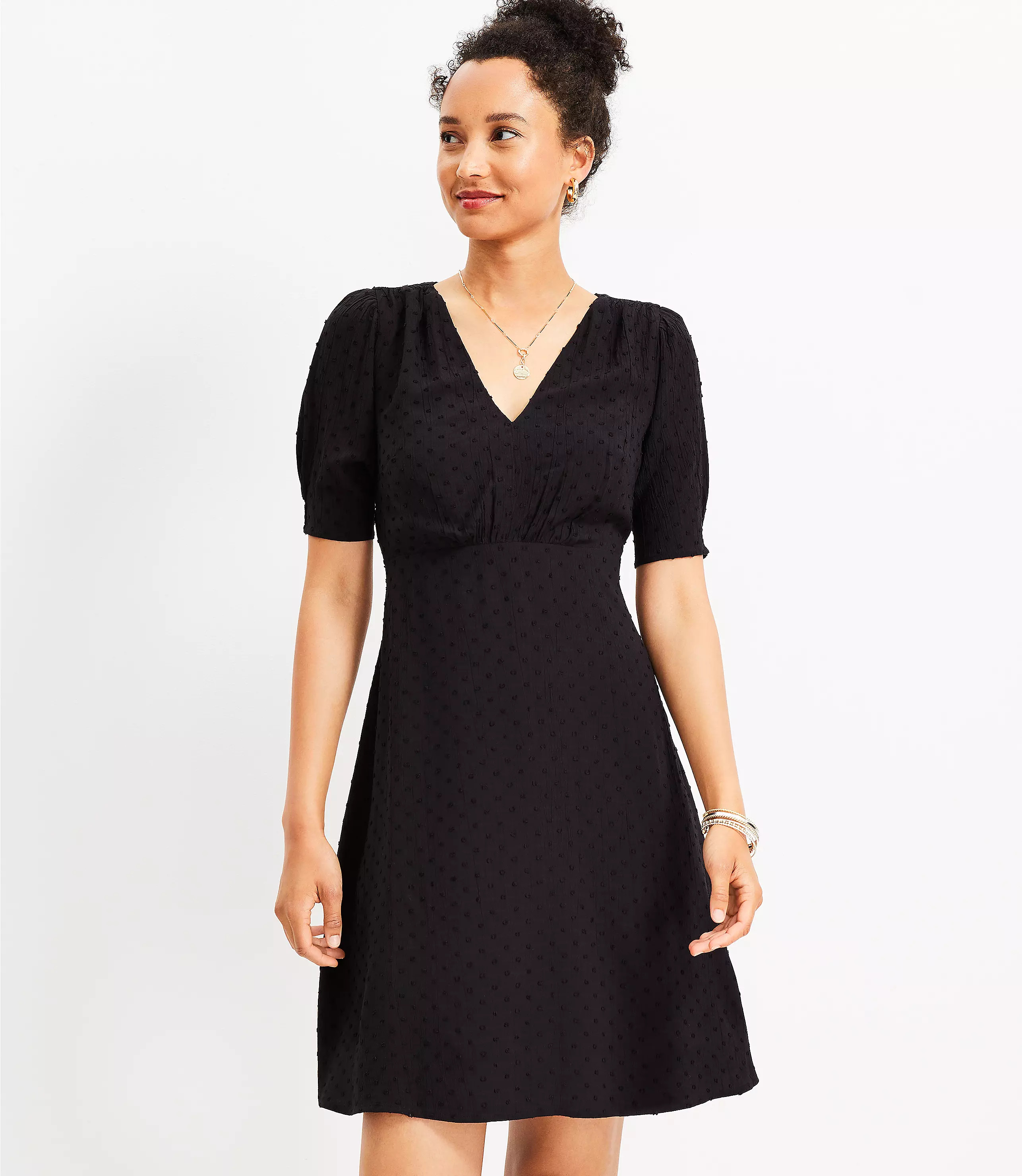 Petite Clip Puff Sleeve V-Neck Dress | LOFT