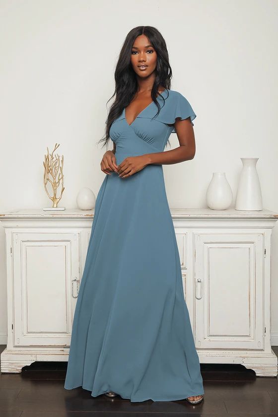 Heart of Passion Slate Blue Flutter Sleeve Lace-Up Maxi Dress | Lulus (US)