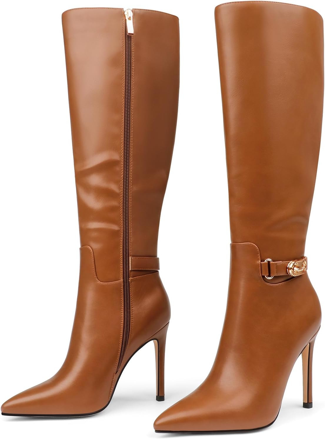 Women Knee High Boots Pointed Toe Stiletto Buckle Slouch Tall Boots | Amazon (US)