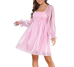 KOJOOIN Womens Puff Sleeve Square Neck Puffy Dress Babydoll Mesh Mini Dress | Amazon (US)